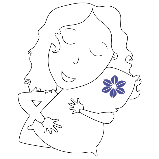 A pencil drawing of a little girl symbolizing Aurora Lilot, hugging a pillow with a blue Lilot logo in the upper right corner.