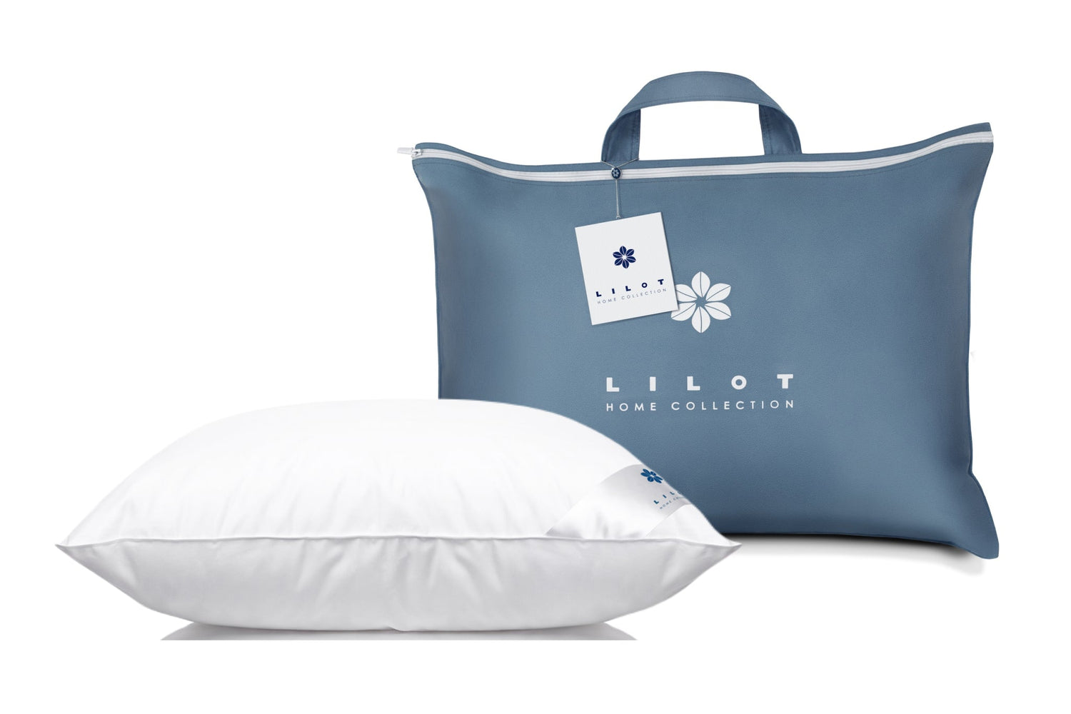 Luxurious Aurora Lilot Firm Down Pillow on an elegant white background. In the foreground: Aurora Lilot Firm Pillow. In the background: Lilot Original Sky Blue Cloth Storage Bag.