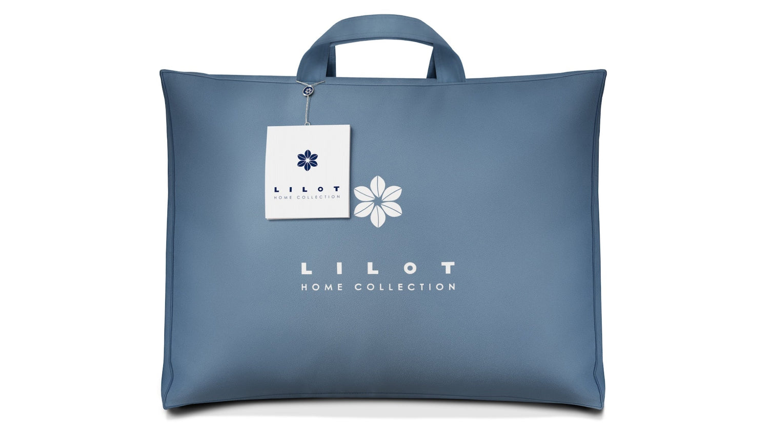 The original Sky Blue Cloth Storage Bag has a white brand logo (Lilot - Home Collection) and a care leaflet for duvets and pillows.