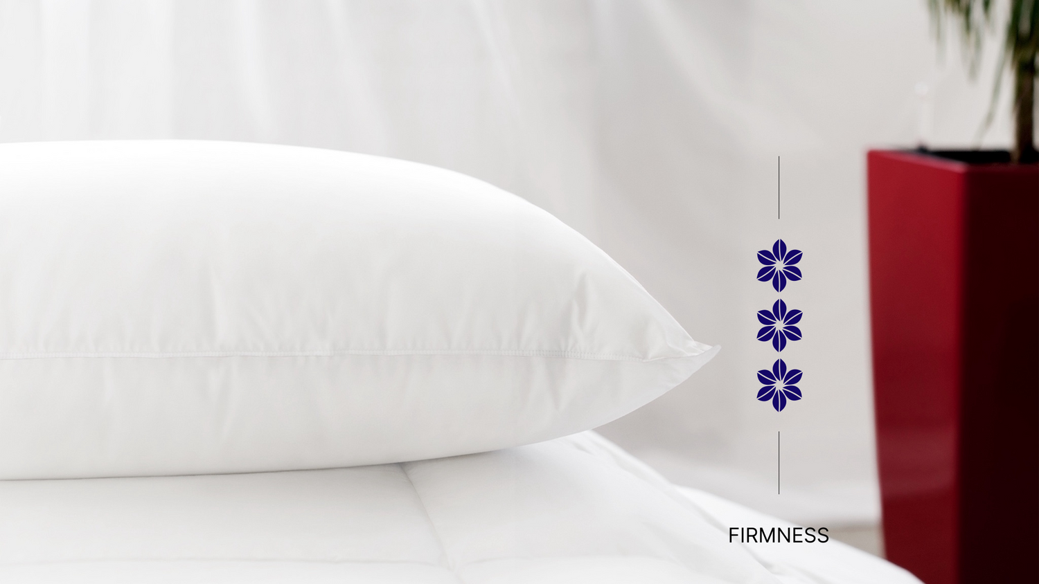 Firm Aurora Lilot pillow on a white bed, highlighted with a firmness scale symbolized by blue floral icons and the label 'Firm,' against a bright bedroom background with a red planter.