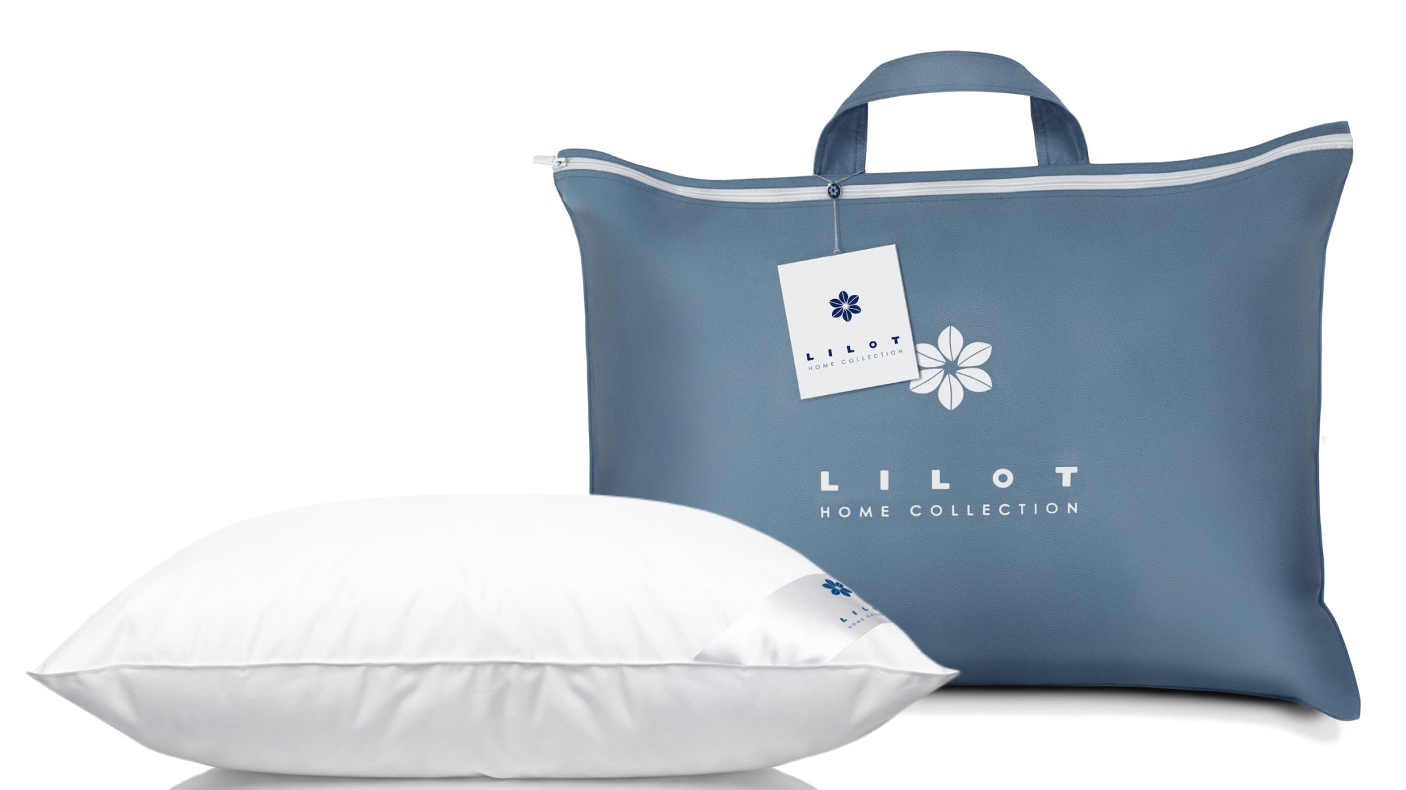 In the foreground, Aurora Lilot Firm Pillow; in the background, Lilot Original Sky Blue Cloth Storage Bag.